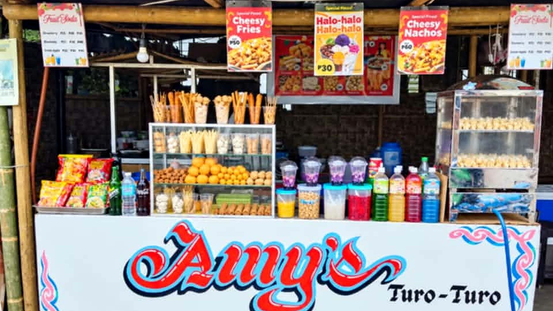 Amy's Turo-Turo street food stall with snacks, fruit soda and halo-halo